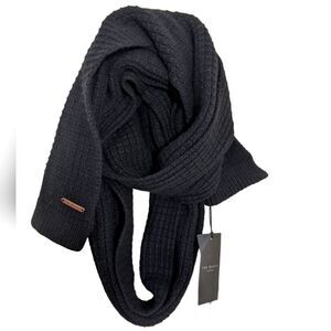Ted Baker Black Plain Ribbed Knit Scarf Merino Wool Blend